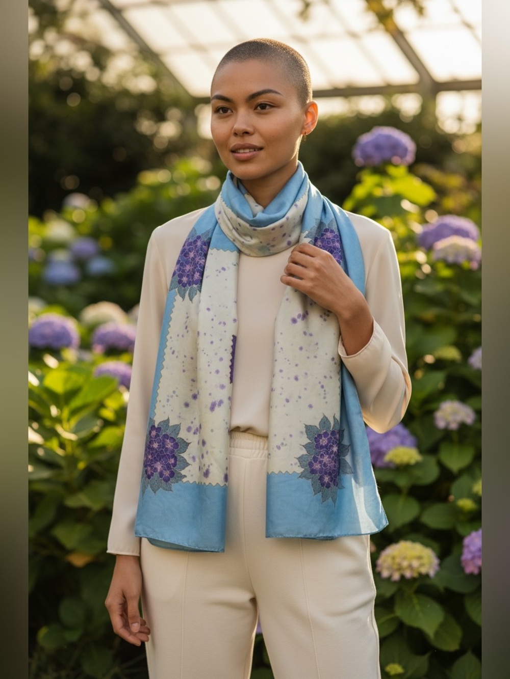 Light Blue Floral Silk-Blend Scarf - Women's Accessories
